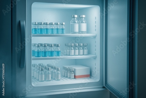 Vaccine quality control. Fridge filled with vials and medical supplies for storage.