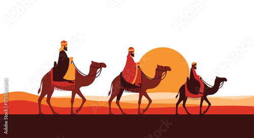 Three Wise Men Traveling Across Desert Sands Under Setting Sun