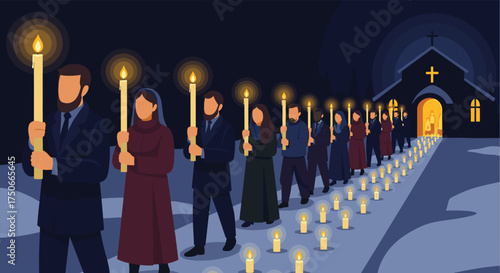 A Solemn Procession of People Carrying Candles Towards a Church at Night