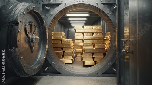 Securely stacked gold bars gleam inside an open bank vault, representing wealth and financial security