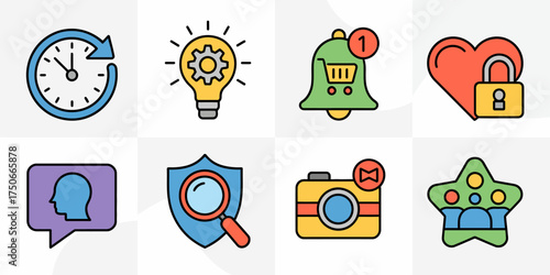 Colorful icon set featuring time management idea generation notifications security communication and teamwork perfect for website design and app development with a modern and playful style