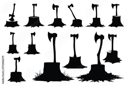 Black silhouette axes stuck in tree stumps wood