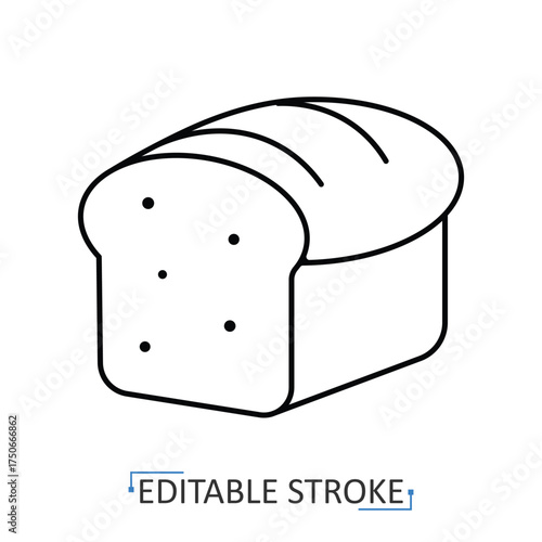 A loaf of bread icon in a minimalist line style with editable stroke. Bakery food, fresh pastry product, wheat flour ingredient, breakfast toast, homemade sandwich bread, kitchen bake.