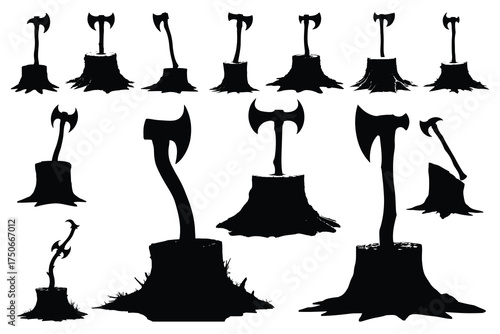 Black silhouette axe stuck in tree stump collection
