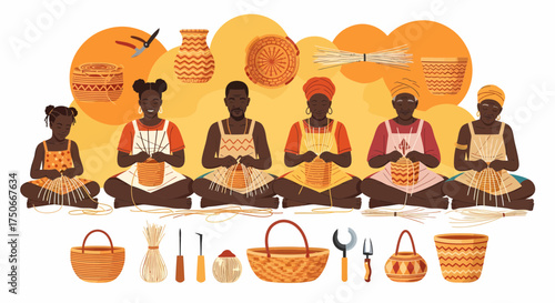 Community Weaving Traditional Baskets Together Heritage Art Illustration