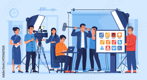 Diverse Teamwork And Inclusivity Filming Content With Symbol Representations