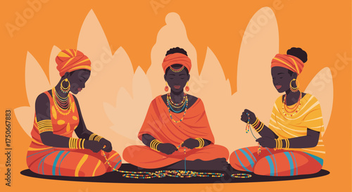 Elegant African Women Making Beads Crafts In A Calm Workshop