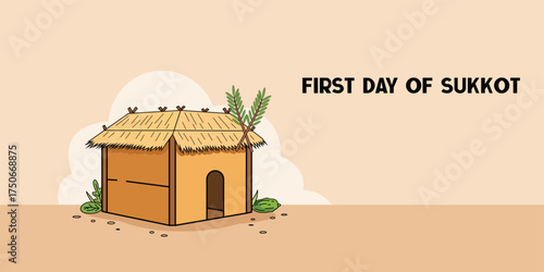 First Day of Sukkot Illustration – Jewish Festival with Sukkah Hut and Lulav