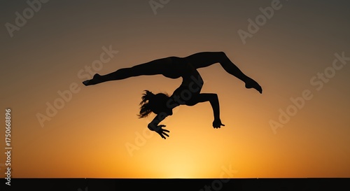 Silhouette of person performing somersault against warm sunset sky