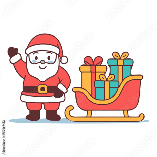 Santa Claus Waves Beside Sleigh Overflowing With Wrapped Christmas Gift Boxes Adobe Illustrator Artwork