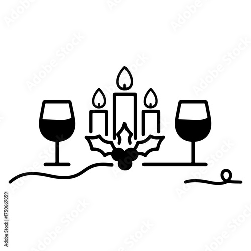 Four Lit Candles with Holly and Wine Glasses in Festive Arrangement