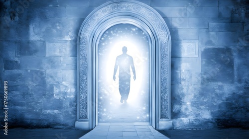 Mystical figure emerges through portal enigmatic realm digital art surreal concept