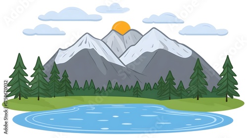 Scenic mountain sunrise over tranquil lake nature illustration peaceful environment