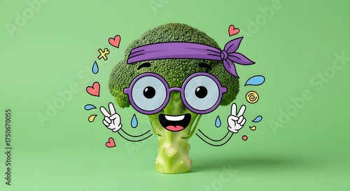 Whimsical and cheerful illustration of a broccoli vegetable character, personified with a purple headband, stylish glasses, and happy peace signs, symbolizing healthy eating and fun vegan lifestyles