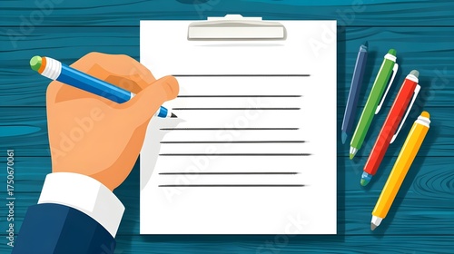 Writing notes with colored pens on clipboard home office digital illustration top view