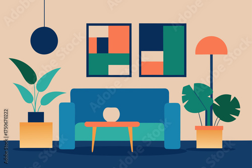 Living room scene with couch and geometric art pieces