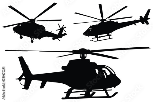 Three black helicopter silhouettes in flight aircraft