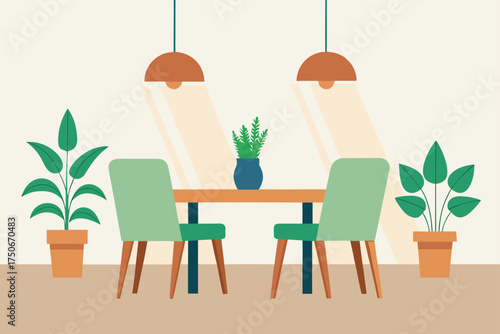 Dining room setup with plants and hanging lights