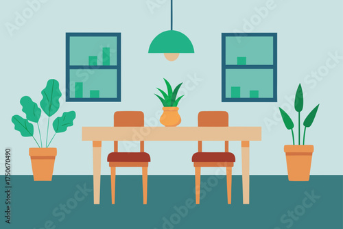 Dining room interior with table plants and cabinets