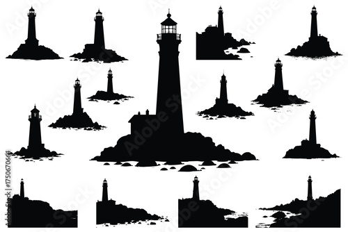 Collection of black lighthouse silhouettes on rocky shores