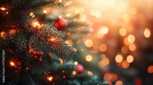 Wallpaper Mural Christmas tree with red berries and golden lights close-up, bokeh background for festive decoration Torontodigital.ca