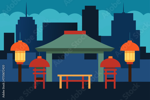 Asian gazebo with lanterns and city skyline behind