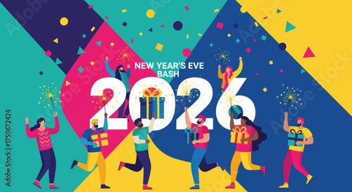 Diverse group of friends celebrating New Years Eve 2026 party.