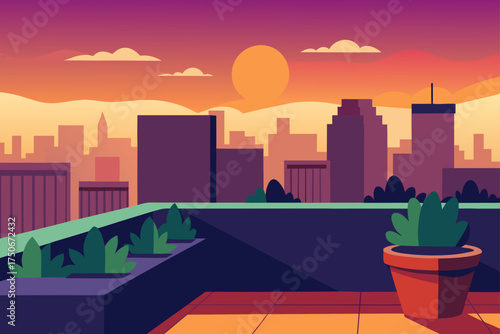 Cityscape view from rooftop garden at sunset time