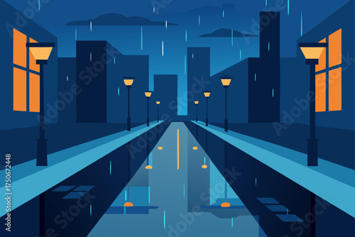 City street view at night with rain and streetlights