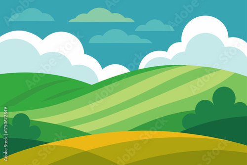 Illustration of rolling hills and a cloudy blue sky