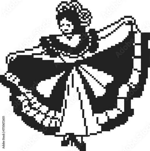 Traditional folk dancer in pixel art iconic flowing dress, festive cultural celebration, digital black and white illustration