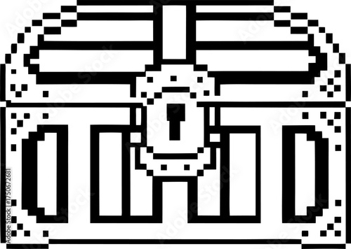 Pixel treasure chest icon retro 8 bit game asset, black and white closed box with lock classic vintage adventure symbol