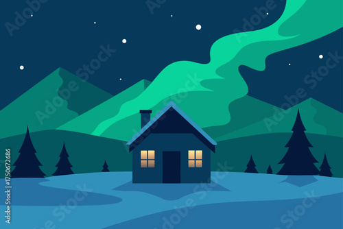 Illustration of house under aurora borealis at night