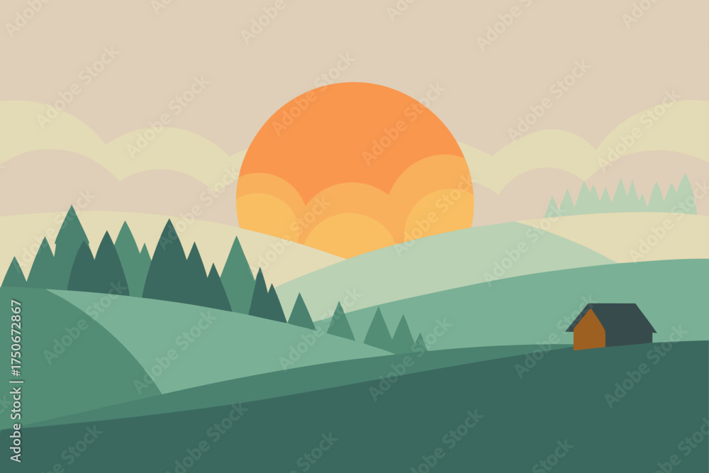 Obraz premium Landscape view of sunset over hills and forest area