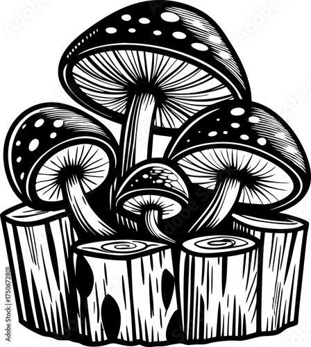 Cluster of wild mushrooms growing on tree stump, hand drawn black and white illustration, nature woodland fungi art