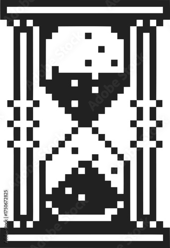 Pixel hourglass icon displaying flowing sand, retro countdown timer, black and white digital vintage time symbol