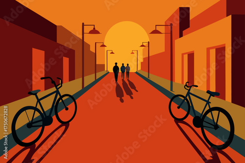 Street scene with bicycles and people at sunset time