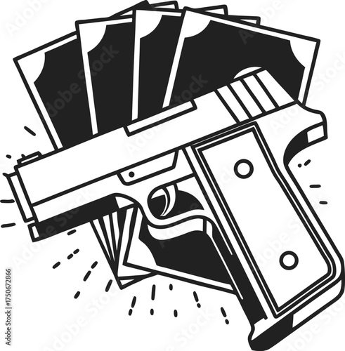 Handgun and dollar bills illustration symbolizing crime, robbery, illegal activity, money laundering, black market risk