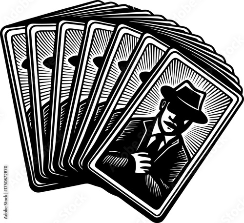 Vintage playing cards with mysterious man in hat illustration, retro gambling entertainment, collector concept