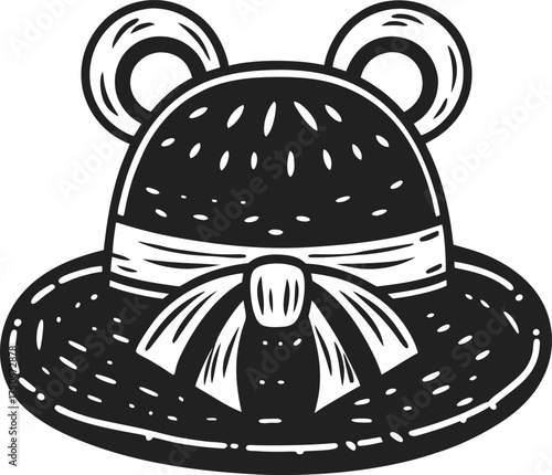 Cute children's sun hat with animal ears and ribbon bow hand drawn illustration, playful fashion accessory for kids