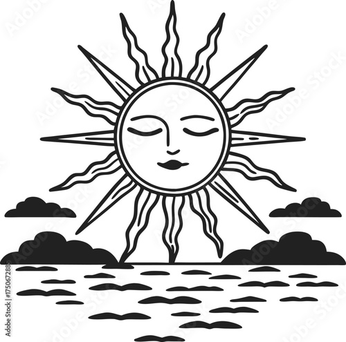 Sun with serene face shining over sea and clouds tranquil daylight with radiant beams, peaceful weather, meditation, calm concept