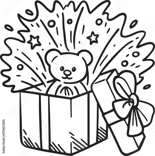 Surprise gift box with plush bear and stars festive celebration, birthday present, cute toy illustration, joyful excitement