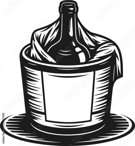Wine bottle in ice bucket with napkin, elegant vintage black and white illustration, celebration and luxury concept