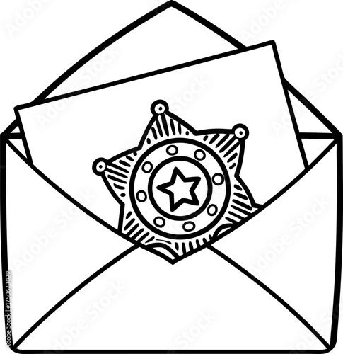 Sheriff badge inside open envelope police symbol in letter, law enforcement notification, authority communication concept