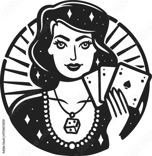 Elegant fortune teller woman holding playing cards, vintage illustration with mystical symbols and sparkling elements