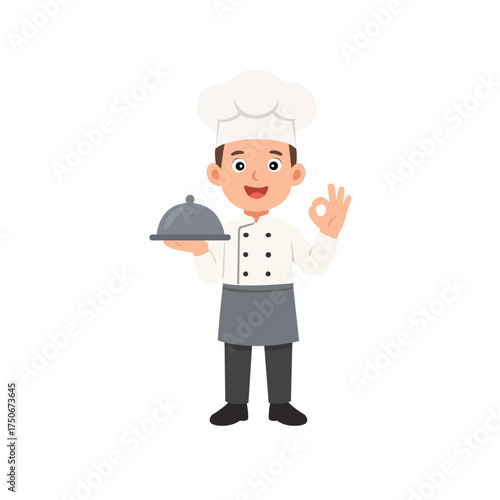 Cute young male chef cartoon character holding serving dish and making OK hand gesture in flat design style