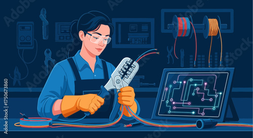Dedicated female electrician working on complex wiring project with precision and care
