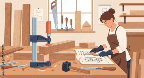 Creative female carpenter meticulously crafting a wood project in her workshop studio