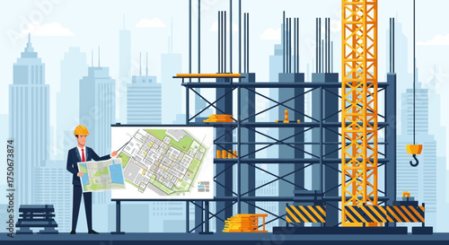 Illustrative depiction of an engineer and construction site against cityscape