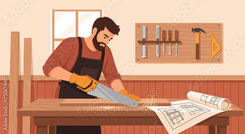 Focused craftsman sawing wood in workshop, carpentry and woodworking concept